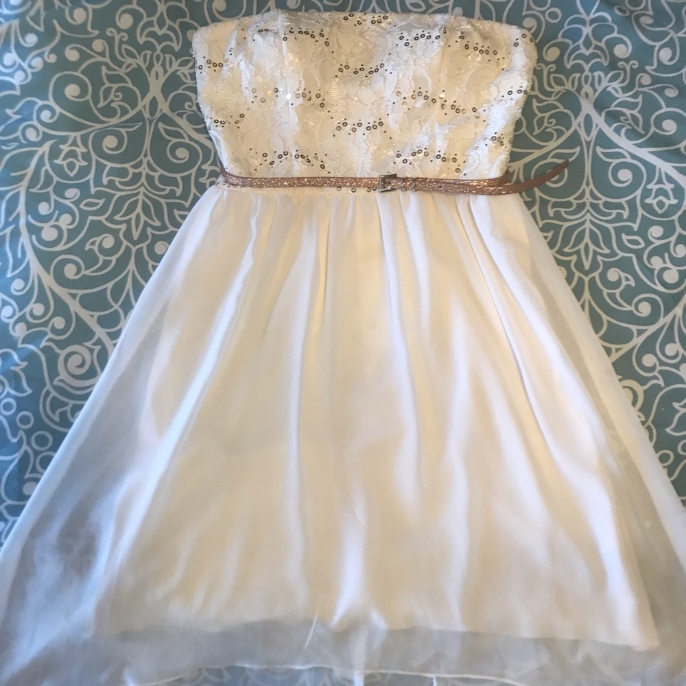 White and Gold Sequined Strapless Dress!